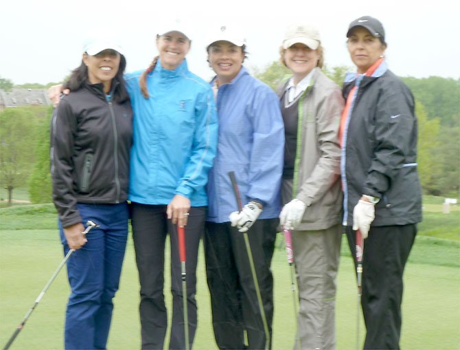 From left: Laurie Capra, Brandi Chastain, Jackie Simmons- Reade, DJ Garrett and Sunita Kul at The First Tee Golf Outing. 
