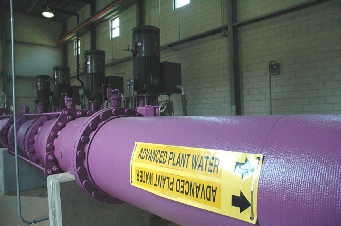 The purple pipes inside the Noman M. Cole Pollution Control Plant will funnel reclaimed water to a variety of sites in the Lorton area.