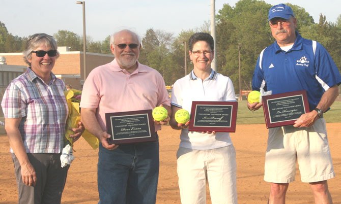 Theresa Evans, Dave Evans, Ilene Dranoff and Lee Harrington were honored at Fort Hunt Softball Opening Day Ceremony.
