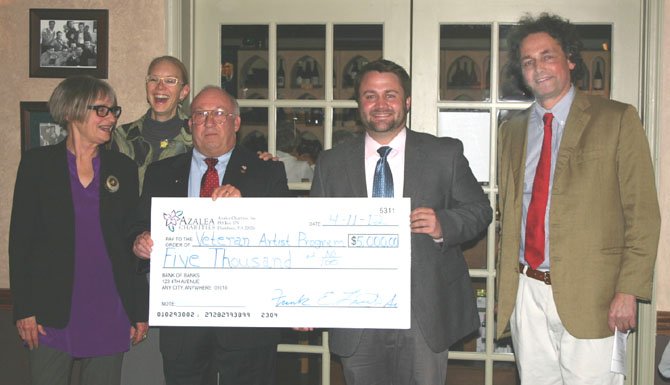 Azalea Charities presents a check for $5,000 to the Veteran Artist Program.  From left are Andrea Hull, Arts and Military Festival Assistant Project Coordinator/Documentary Film Editor, Veteran Artist Program; Jane Milosch, Director of Provenance Research Initiative, Office of the Undersecretary for History, Art and Culture, Smithsonian Institution; Frank Lasch, Chairman and Founder of Azalea Charities; BR McDonald, Founder-Director of the Veteran Artist Program, and Duke Leopold d’Arenberg.