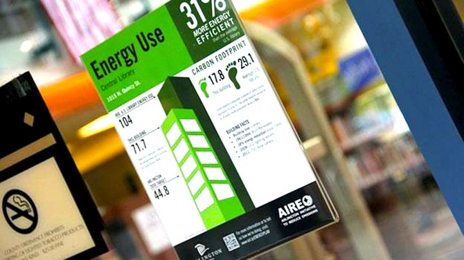 Arlington County's energy performanc label on display at the county's Central Library.