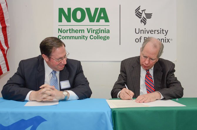 University of Phoenix and Northern Virginia Community College agreed to an alliance that will provide new educational opportunities in healthcare, information technology and criminal justice. The new alliance was formalized at a special signing ceremony April 26. Through the new agreement, students will have the opportunity to earn an associate degree at Northern Virginia Community College and transition to a bachelor’s degree program at one of University of Phoenix’s seven D.C.-Metro area locations or online. 
