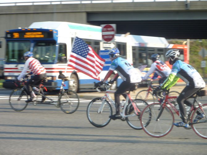 Cyclists leave Crystal City April 28 as part of the 2012 Face of America bike ride. More than 500 riders participated in the 100-mile ride from the Pentagon to Gettysburg.
