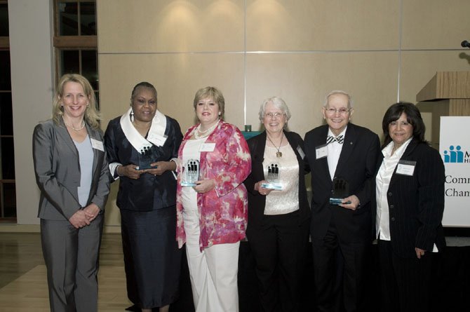 Four Northern Virginia volunteers receive Community Champions Awards for their service to the community. Pictured are: Dr. Jean Glossa of Fairfax County Community Health Care Network; Mattie Palmore and Kari Warren of Mount Vernon; Marie Markey of Alexandria; Ed Shahin of McLean; and Gloria Calderon of Molina Medical Group.

