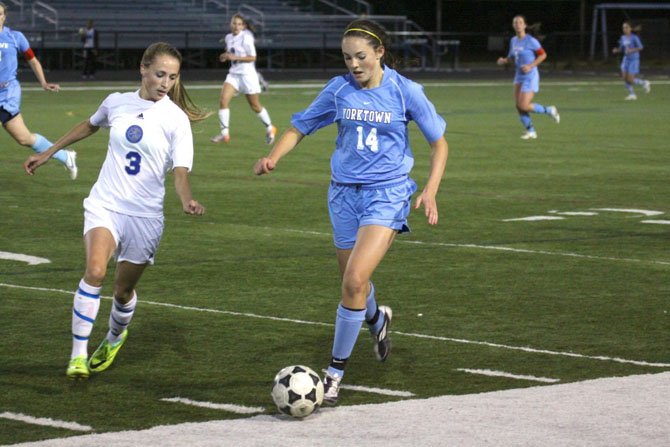 Sophomore midfielder Meghan Flynn is one of the Yorktown girls’ soccer team’s top offensive threats.