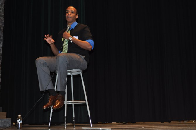 Jordan Burnham, speaks to almost 800 students at South Lakes High School Tuesday, April 24. Burnham appeared as part of the school's mental wellness week, to discuss his suicide attempt, struggle with depression and how students can deal with similar feelings. 