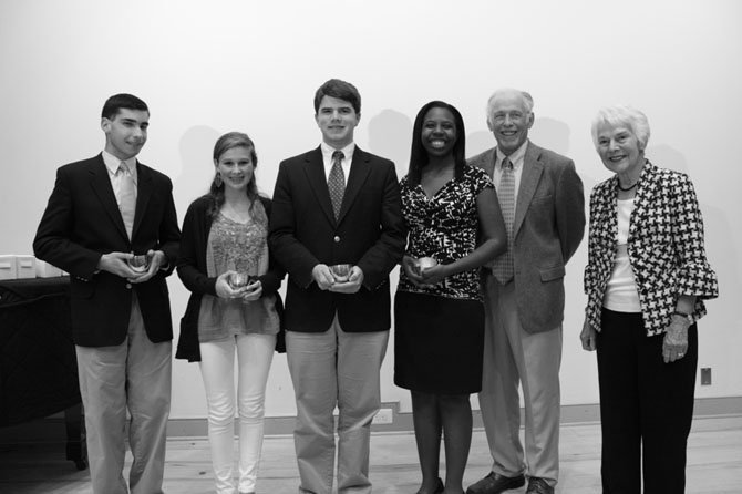 Four High School History Awards were given to Robert LaRose (Bishop Ireton High School), Joslyn Chesson (Episcopal High School), Douglas Maggs (St. Stephen’s St. Agnes) and Saara Kaudeyr (T.C. Williams High School). With the students are Alexandria Historical Society president Bill Dickenson and former state Sen. Patricia S. Ticer.