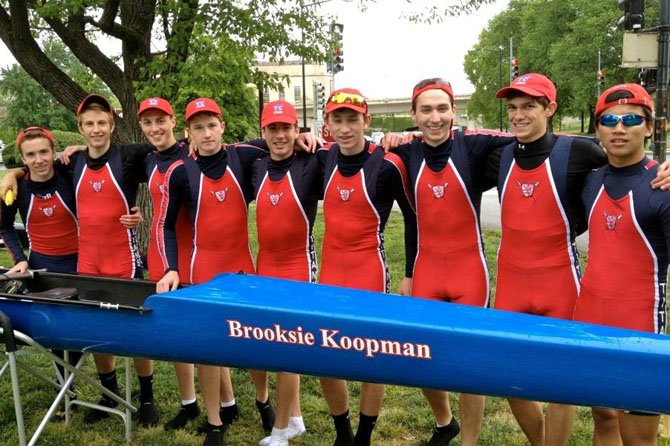 The T.C. Williams boys’ lightweight 8 — a boat which has gotten faster each week that it has raced this season — came in first at the Charlie Butt Regatta in Georgetown on April 28. Members of the lightweight 8, shown here by their boat after their victory, include (from left): coxswain Brian Comey and rowers Cody Brooks, David Salmons, Chris Porter, Ethan Vannatta, Sam Zickar, Constantine Ivanis, Mitchell Youmans and Chris Kidd.