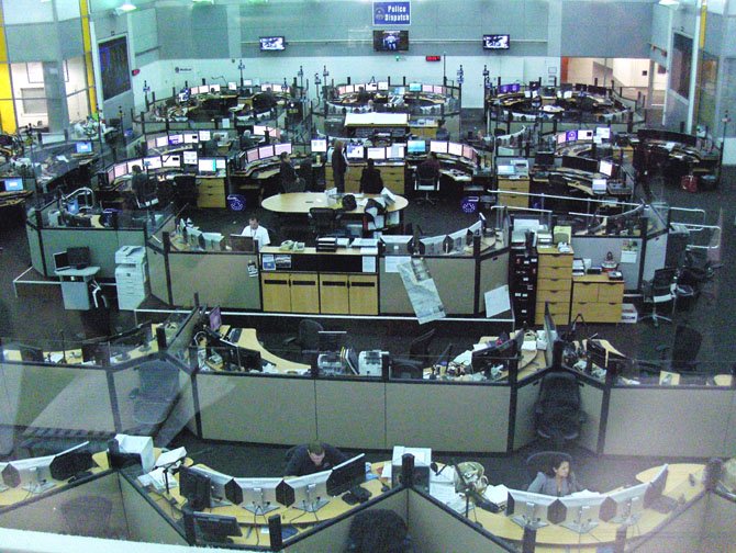 A bird’s-eye view of the EOC operations floor for Fairfax County 911, police and fire dispatchers, VDOT and State Police inside the McConnell Public Safety and Transportation Operations Center.