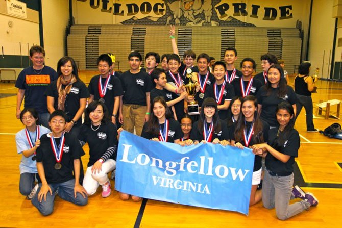 Longfellow Middle School's Science Olympiad team in the Virginia state championship tournament. The team will be representing Virginia as it competes in the national championship tournament in Orlando on May 18-19.