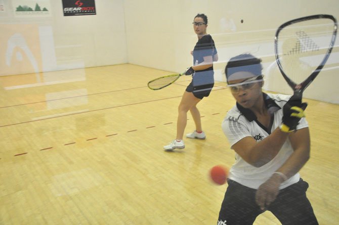 Damonique Davis hits a rebound shot during her match with Brandi Jacobson Prentice at Worldgate Sport and Health Friday, May 4, part of the Women’s Professional Racquetball Tour’s event. 