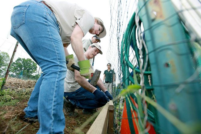 Haynes Whaley Associates' eight-person team made repairs to the connecting pathway between the garden plots.