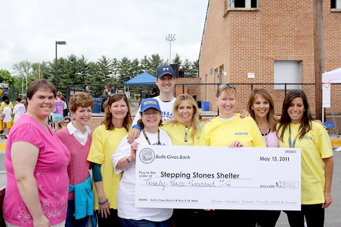 Board members from Stepping Stones Shelter accept a check for $23,000 from race co-chairs Nikki De Pandi, Roz Tavel and Debbie Friedlander.
