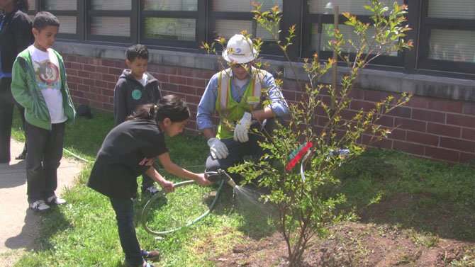 Dominion Groundman, Joe Jonkman, helps a student water a newly planted tree.

