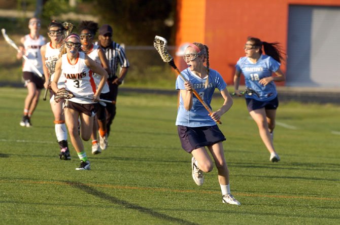 Sophomore midfielder Emily Spack scored two goals for the Yorktown girls’ lacrosse team during the Patriots’ victory against Hayfield in the National District tournament final on May 10.