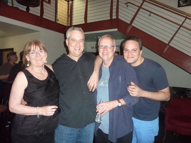 MetroStage Artistic Director Carolyn Griffin, left, celebrates opening night of “Lonely Planet” with Michael Russotto, director John Vreeke and Eric Sutton.
