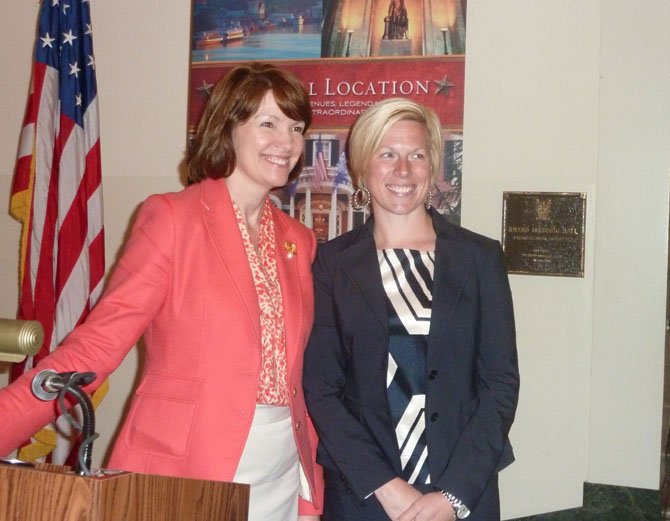 ACVA President Stephanie Pace Brown and Research for Virginia Tourism Vice President Elizabeth McLaughlin pose for photos following McLaughlin's keynote address at the Marketing and Tourism Summit May 10 at the George Washington Masonic Memorial.