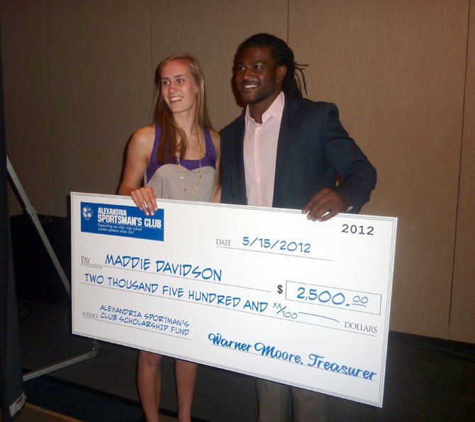 SSSA senior Maddie Davidson poses with her scholarship check with Redskins running back Tim Hightower following the ASC awards dinner May 15 at the Westin Carlyle Hotel.