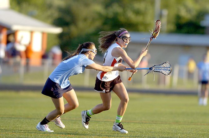 Hayfield sophomore Brenna Thomas scored two goals during the Hawks’ National District girls’ lacrosse tournament championship loss to Yorktown on May 10.