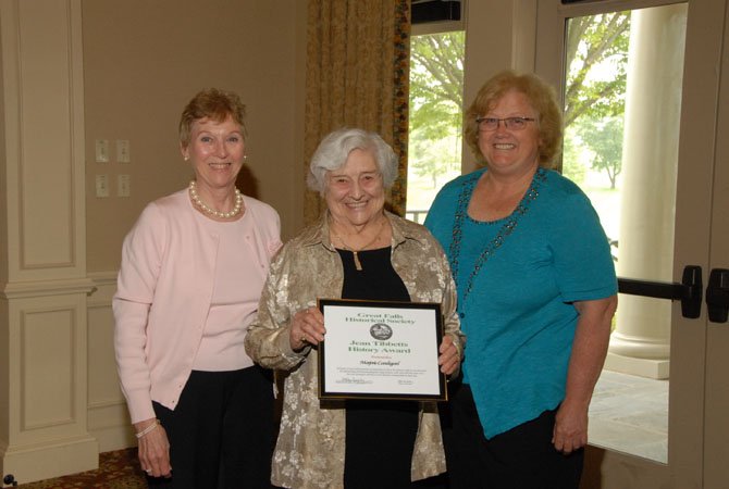 Marjorie Lundegard, center, the recipient of the Great Falls Historical Society's 2012 Jean Tibbetts Award, pictured with Kathy Heberg, Chair of the Jean Tibbetts History Award Selection Committee (left), and Kathleen Murphy, GFHS President (right).