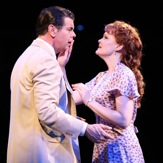 (L to R) Burke Moses as Harold Hill and Kate Baldwin as Marian Paroo in Arena Stage at the Mead Center for American Theaterâ€™s production of The Music Man May 11-July 22, 2012. Photo by Joan Marcus.