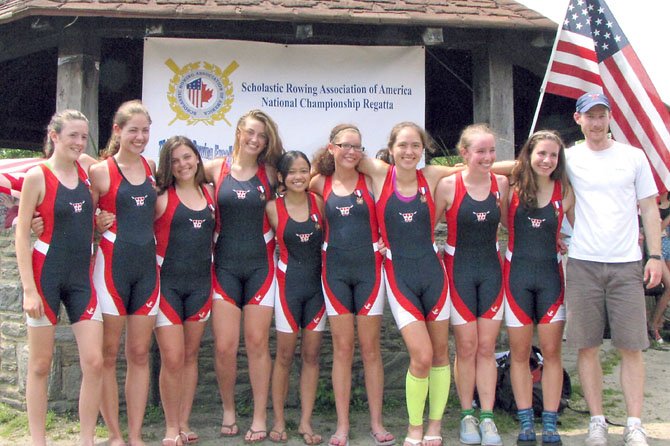 Members of the T.C. Williams girls’ freshman 8 stand arm-in-arm outside the awards pavilion after being presented with their bronze medals for their performance at the Scholastic Rowing Association of America’s National Championship Regatta on Cooper River in Camden, N.J. on May 26. Members 
of the freshman 8 include (from left): Zoe Gildersleeve, Claire Embrey, Taylor Sanders, Maggie McVeigh, Kathrina Policarpio, Rachael Vannatta, Maura Nakahata, Kyra McClary, Maeve Bradley and Coach Pat Marquardt.