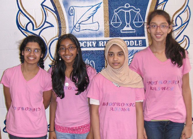 Rocky Run’s seventh-grade eCybermission team members are (from left) Nayana Suvarna, Mallika Maheepathi, Aisha Siddiqui and Rashel Bajaj.