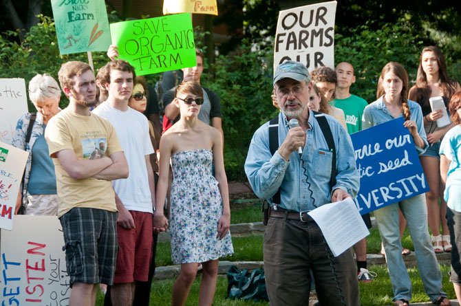 Nick Maravell, who has been running the organic farm for 32 years, gives the closing comments to his supporters.