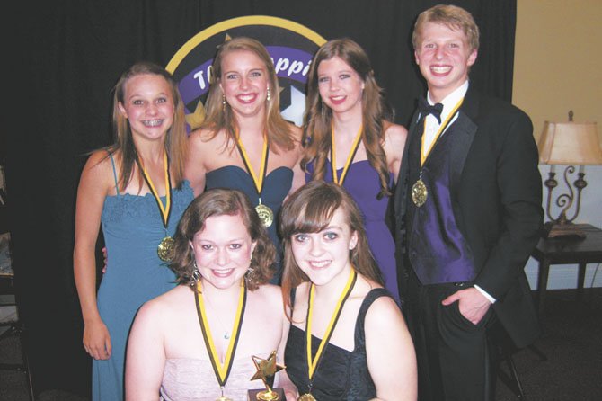 Ensemble in a Play, The Mechanicals, (front row) Molly Johnson, Mary Turgeon; (back row): Brandy Skaddan, Carys Meyer, Sarah Marksteiner and Jamie Green, Robinson Secondary School, Ken Ludwig's "Midsummer/Jersey."

