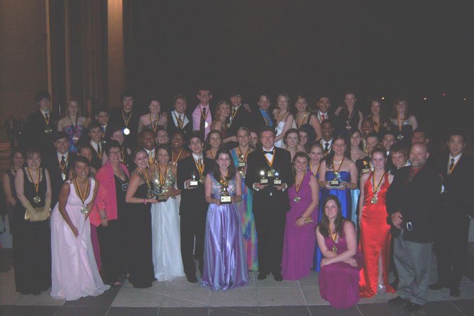 A crowd gathers to show support for Westfield High School's "Crazy for You" after the Cappie Awards at The Kennedy Center on Sunday night.