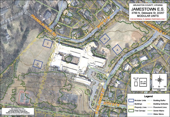 This map shows the locations Arlington County Public Schools suggested for trailer placement at Jamestown Elementary School. Community members noted the actual position of option A is closer to the school than what is displayed.