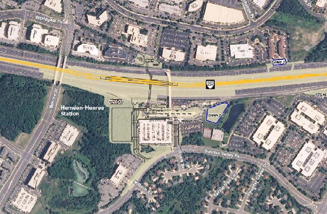 The updated design for the proposed Herndon-Monroe Metrorail station, which includes one larger parking structure instead of two smaller ones. 