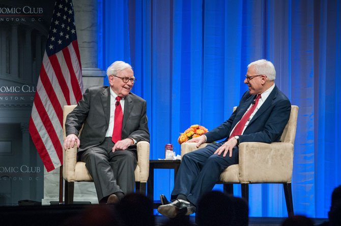 Warren Buffet and David Rubenstein during a conversation onstage at the 25th anniversary dinner of The Economic Club of Washington, DC.