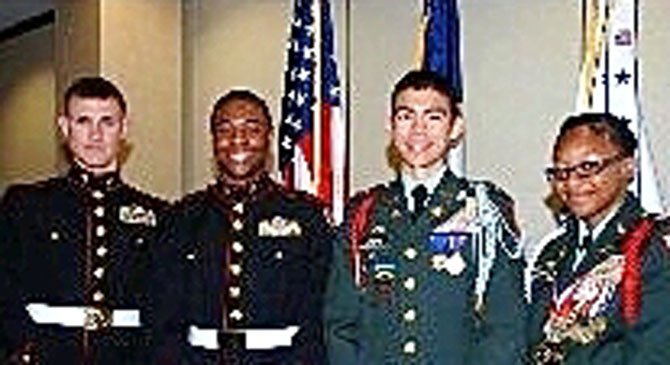 From Left: Cadet Major Ronald Harrell of Quantico H.S., Cadet Lt. Colonel E.J. Coleman of Mount Vernon H.S., Cadet Lt. Colonel Zachary Crews of West Potomac H.S., Cadet Aleecia Stephens of T.C. Williams H.S. Not pictured is Cadet Wuddy Zhan of Thomas Edison H.S.
