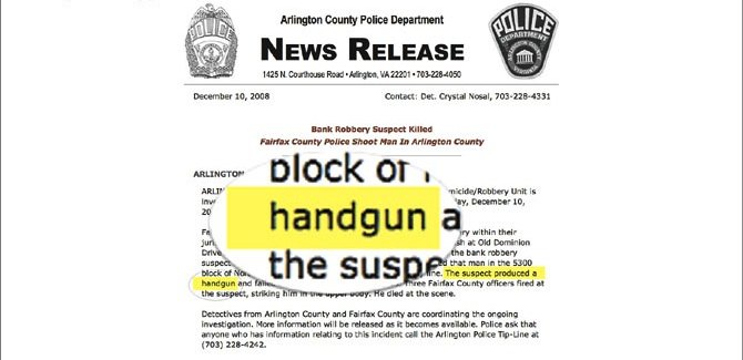 Hailu Brook did not have a handgun, although the Arlington County Police Department press release issued the day of the shooting said he did.