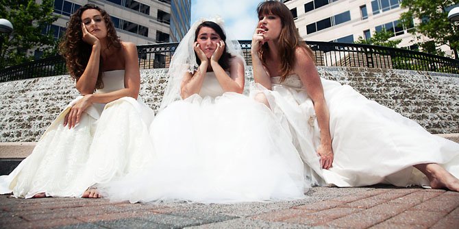 From left, Sarah Douglas, Kristen Garaffo, and Jessica Aimone in the Hub Theatre’s upcoming production of "Big Love."