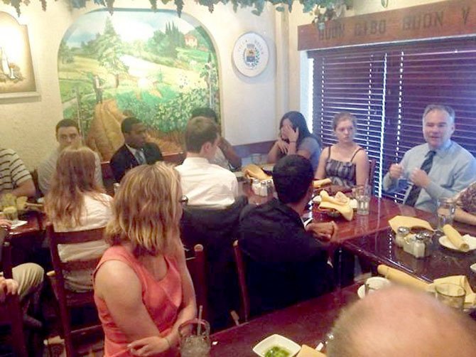 Former Virginia governor and U.S. Senate candidate Tim Kaine (D) held a forum Thursday, June 21, with about 40 Northern Virginia students and parents on the future of higher education at the Villa Bella Ristorante in Burke. 