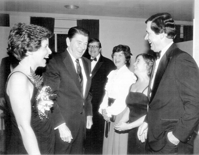 Lou Priebe of Springfield at the 1982 inaugural of the first woman president of the National Press Club, Daily Oklahoman Assistant Bureau Chief Vivian Vahlberg. The event was attended by President Ronald Reagan. "I had just joked that it was good to see "the Gipper" among this group of Oklahomans as we could use him with our ailing Sooner football team that year. He said they couldn't possibly be that desperate," Priebe said.