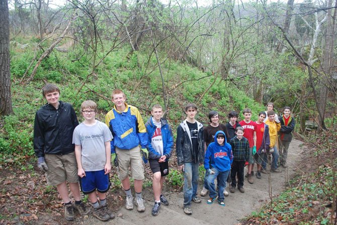 Sam Rohrer and Troop 987 at the AA Gorge stairway in Great Falls National Park.