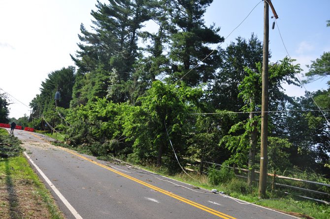 Fallen trees take down power lines along Georgetown Pike, the result of Friday’s storm.