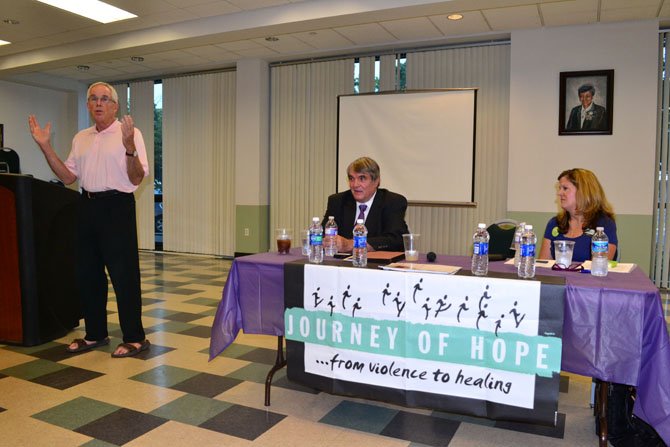 Steve Northrup, left, executive director of Virginians for Alternatives to the Death Penalty, Bill Pelke, center, co-founder of Journey of Hope, and Terri Steinberg, mother of a death row inmate.