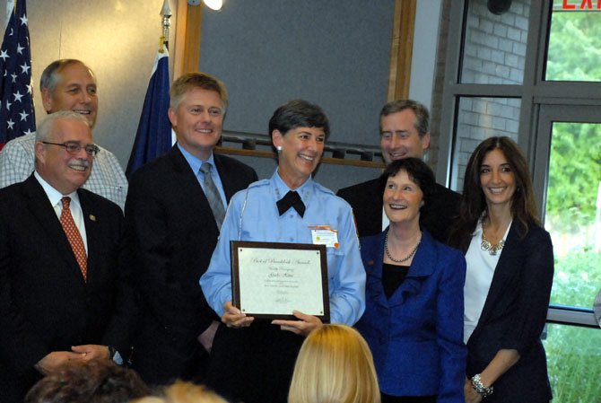 Gaela Hime, flanked by Congressman Gerry Connolly, Supervisor John Cook (R-Braddock District), Del. David Bulova, Board of Supervisors Chairman Sharon Bulova and Del. Fisher-Corn received the Best of Braddock’s Most Can-Do Public Employee Award.