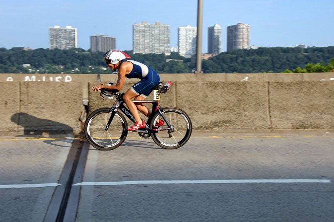 Bethesda resident and Potomac Pedalers member Nancy Avitabile, 64, competes in the New York City Triathlon on July 8. Avitabile finished first in her age group.
