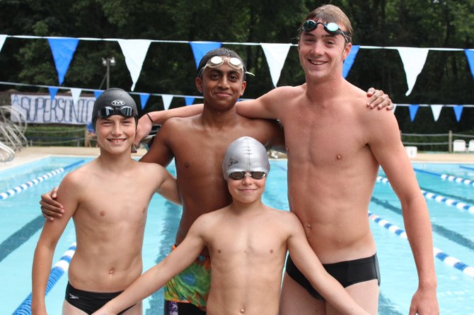 Sully Station swam to victory in the boys’ 18U mixed age freestyle 200-meter event on Saturday, July 14. Back row from left: Harrison White, Anirwin Sridhar and Brandon Fiala. Front: Brian Patten.