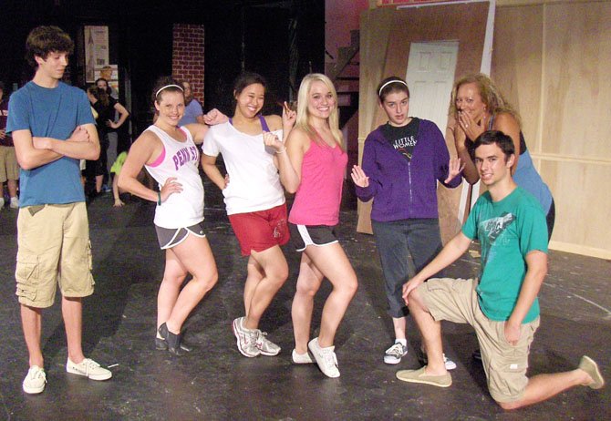 From left are Gray O’Reilly, Megan Hazard, Gaia Chu, Taylin Frame, Amanda Mason, Cathy Arnold and Dave McVicar during a rehearsal of “Legally Blonde, the Musical.”