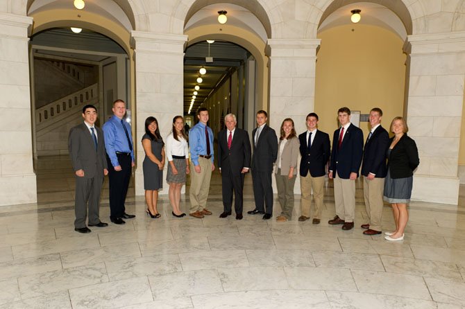 From left: David Kim (USNA), Matthew Ziegler (USMA), Ashley Paek (USNA), Molly Shannon (USMA), Chad Palmiotto (USNA Foundation Scholarship), Congressman Frank Wolf, Colin Laskodi (USAFA), Taylor Turchan (USNA), Zachary Oravec (USNA), Gavin McDonald (USAFA), Troy Dennis (USAFA) and Darby Nelson (USNA).