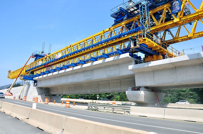 The final aerial span for the Tysons Corner Metrorail guideways is ready to be lowered into place Tuesday, July 17.