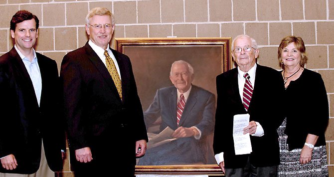 MCC Governing Board Vice Chair Chad Quinn, Supervisor John Foust (D- Dranesville) and Friends of MCC President Sandy Bremer (far right) with Bob Alden and the new portrait.