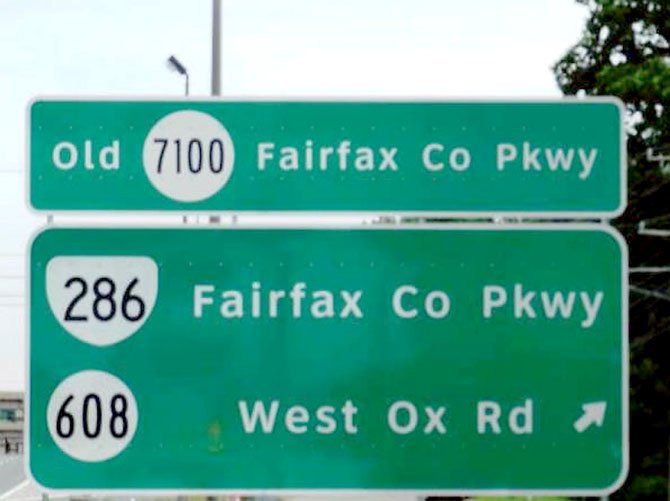 The Fairfax County Parkway (Route 7100), which runs from Route 1 to Route 7, will become Route 286. The 32-mile road carries between 22,000 and 75,000 vehicles per day. 