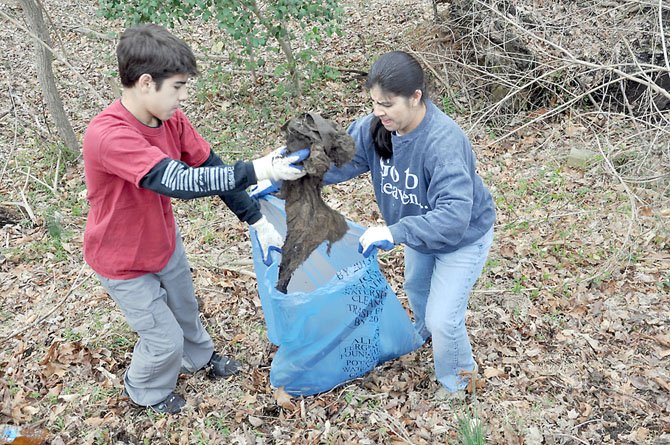 Georgette McKee and her son Maxwell, an eighth grader at Cooper Middle School, pick up trash along Georgetown Pike.